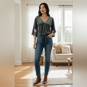 Lovestitch Olive Green Velour Floral Embroidered Front Tie Top